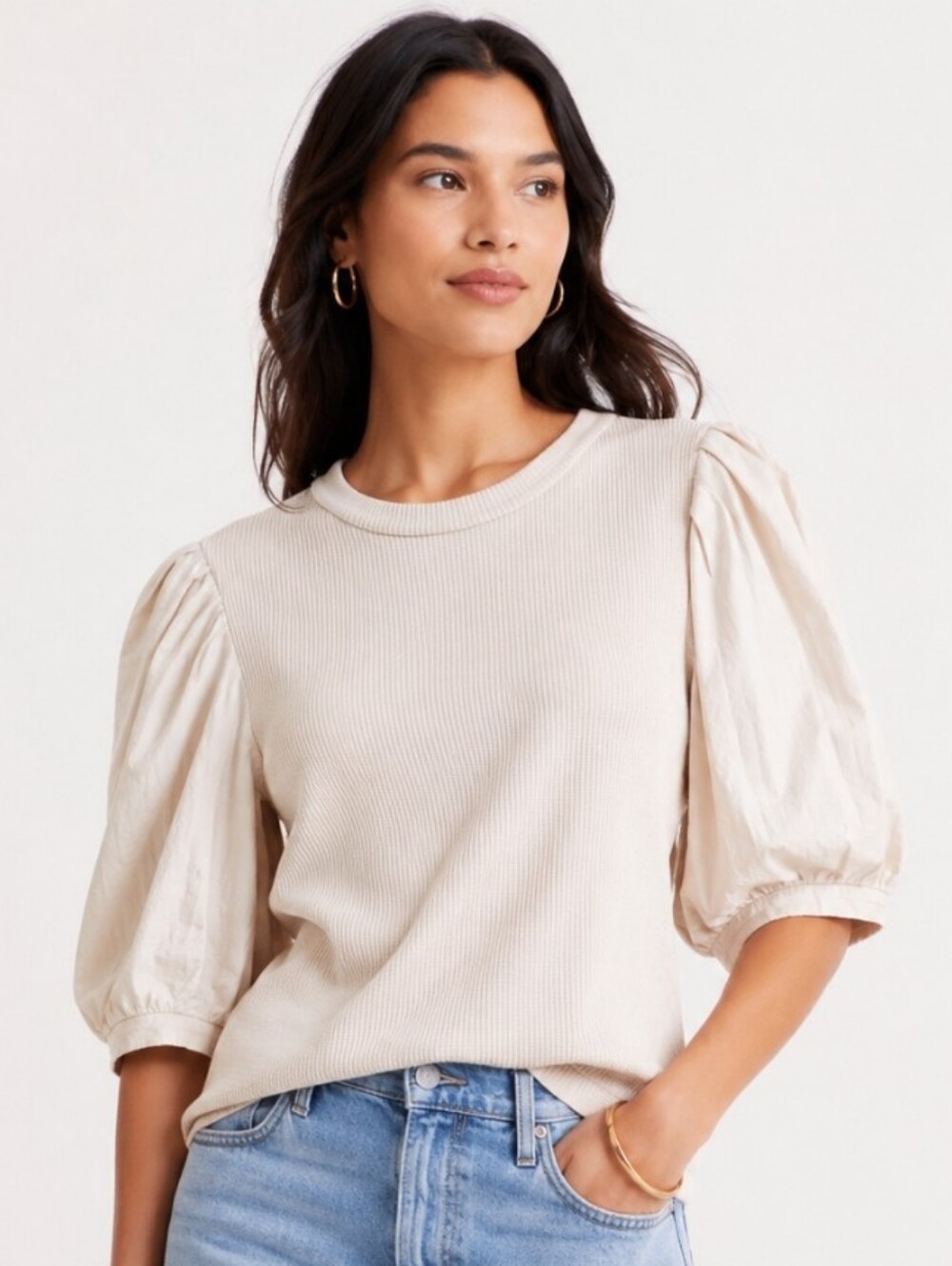 Who What Wear Cream Ribbed Knit Balloon Sleeve Top Sz XXL